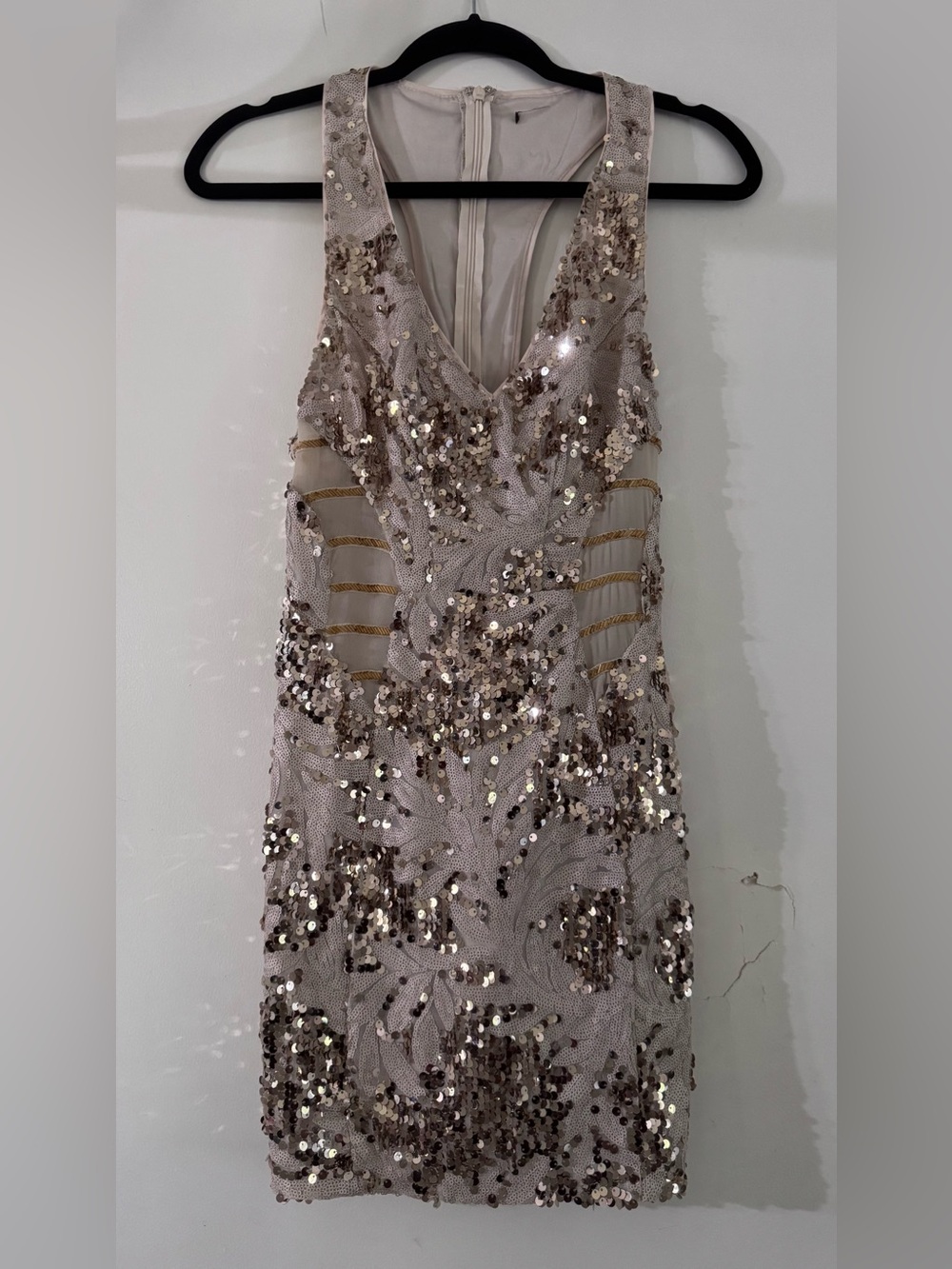 Women's Backless Sequin V-Neck Party Dress in Champagne Gold S Party Night Out